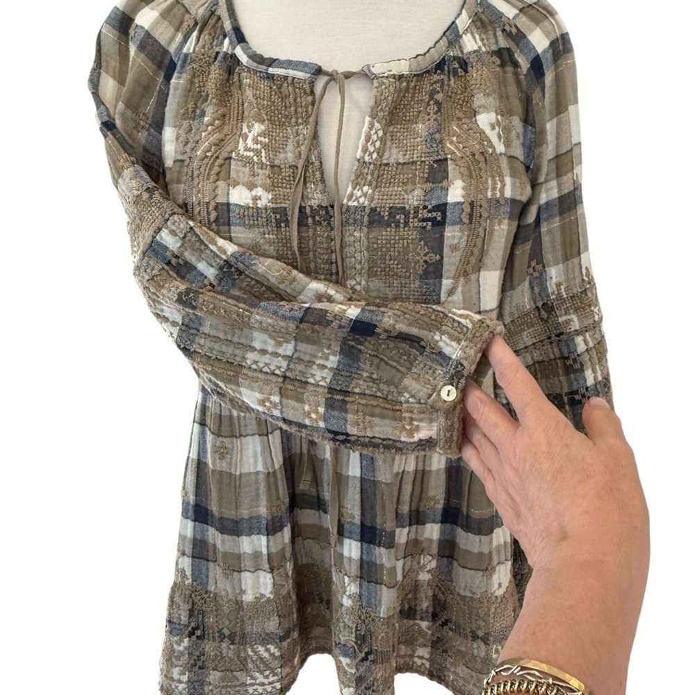 Johnny Was 3J Workshop Embroidered Plaid Tunic Blouse Boho Neutral Small - Picture 4 of 14